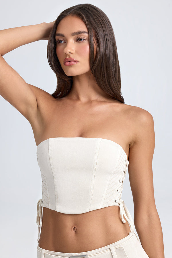 Ekru Bandeau Bağcıklı Korse Crop Top