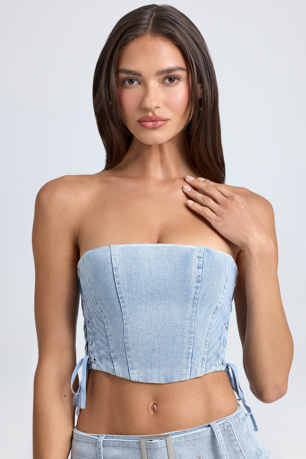 Açık Mavi Taş Yıkamalı Bandeau Bağcıklı Korse Crop Top