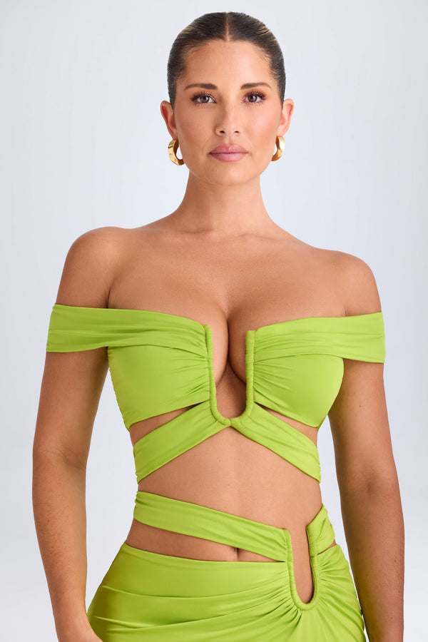 Limon Yeşili Kesikli Düşük Omuz Crop Top