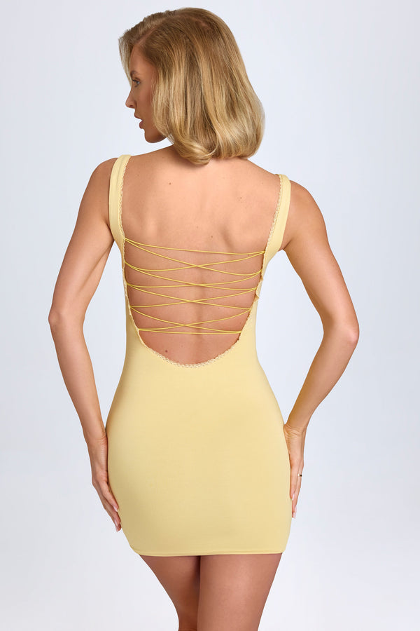 Pastel Sarı Modal Dantelli Bodycon Mini Elbise