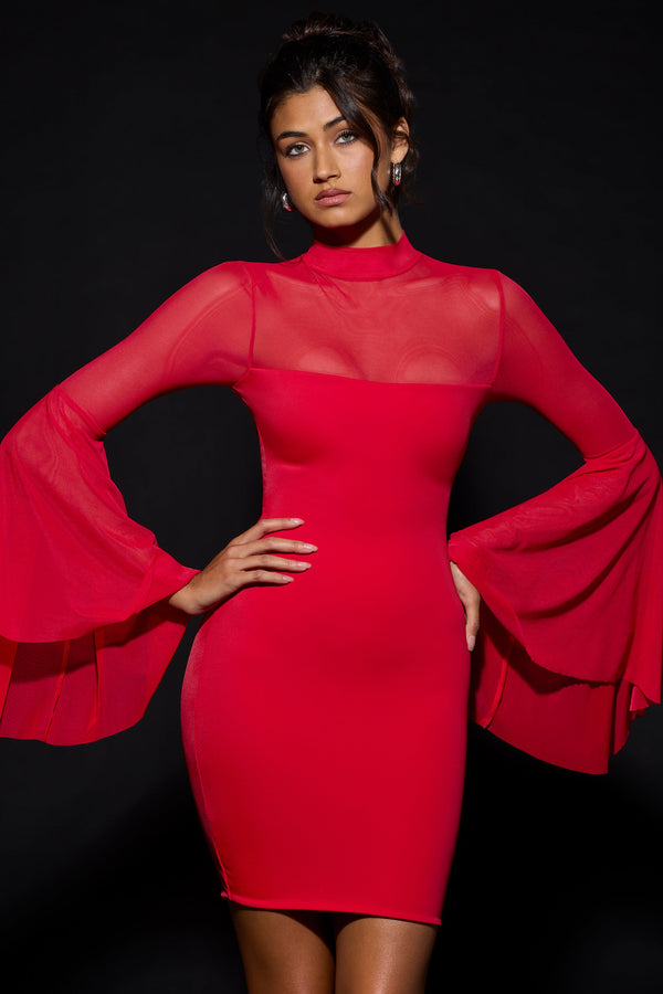 Ateş Kırmızı Şelale Kol Mini Elbise