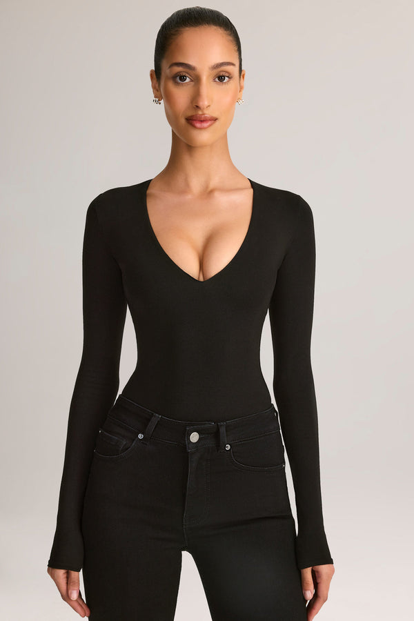 Modal Plunge Long-Sleeve Bodysuit in Black