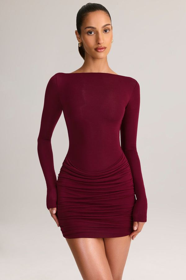 Modal Draped Long-Sleeve Mini Dress in Wine