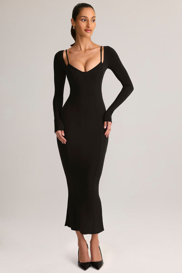 Modal Peekaboo Long-Sleeve Midi Dress in Black