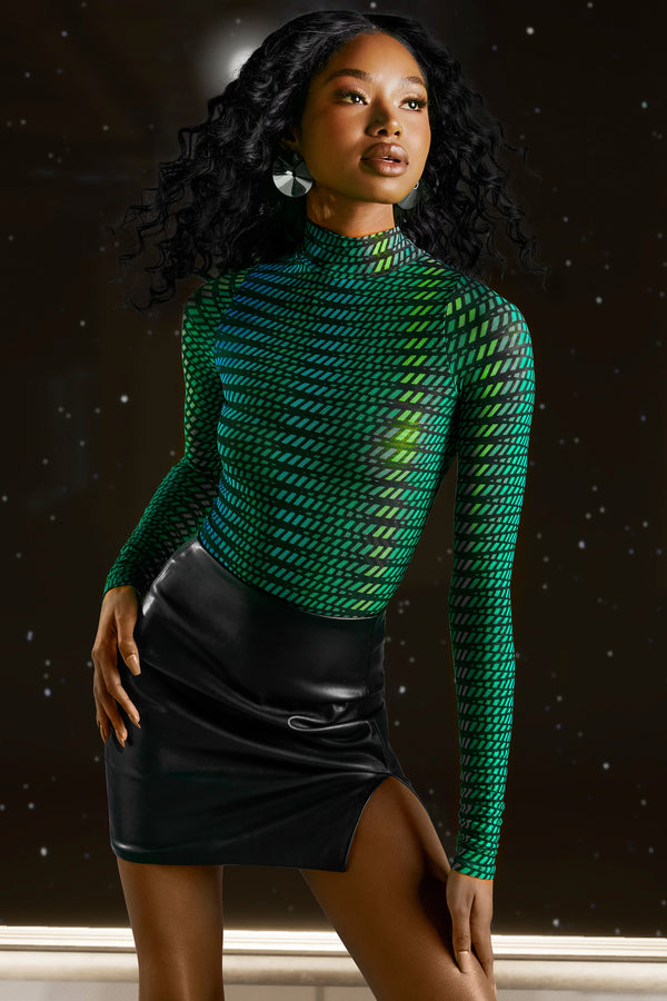 Çizgili Baskılı Yüksek Yaka File Bodysuit