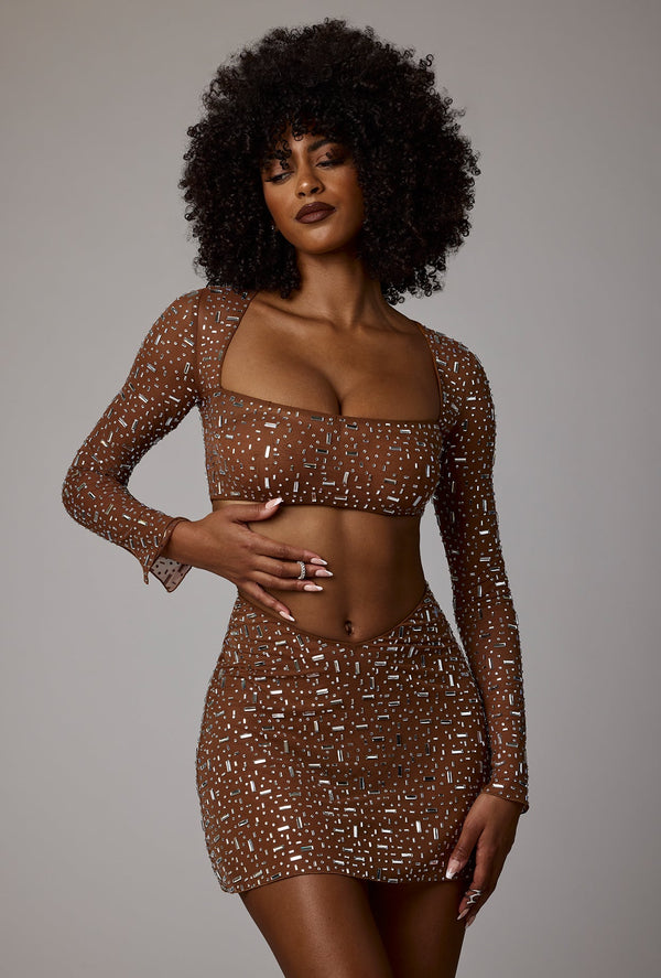 Mocha Taşlı Transparan Uzun Kollu Crop Top