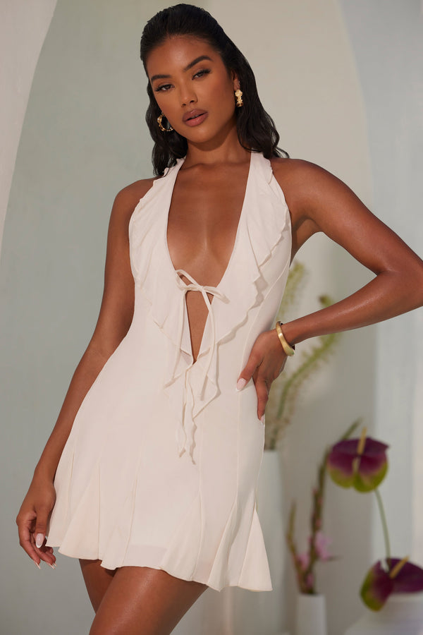 Fildişi Boyundan Bağlamalı Fırfırlı A Kesim Mini Elbise