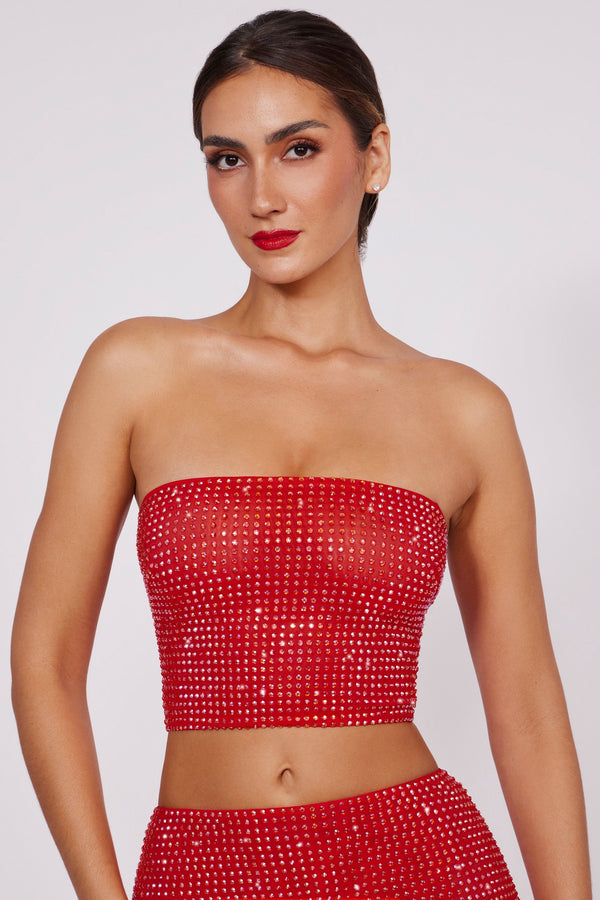 Ateş Kırmızısı İşlemeli Straplez Crop Top
