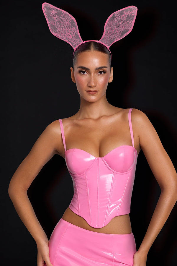 Pembe Vinil Balenli Korse Crop Top
