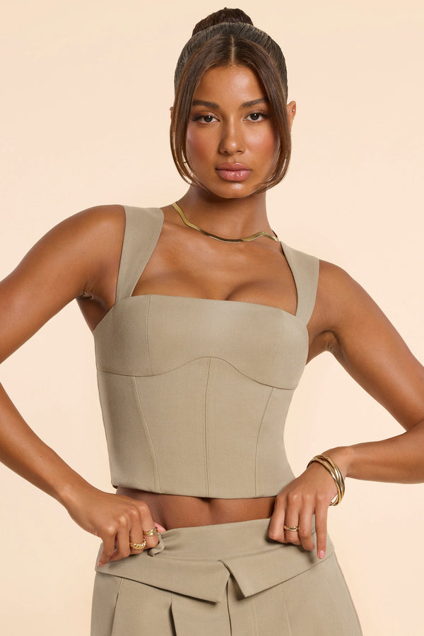 Fırçalanmış Twill Kare Yakalı Taupe Özel Üst