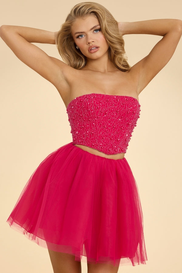 Sıcak Pembe Straplez Korse Crop Top