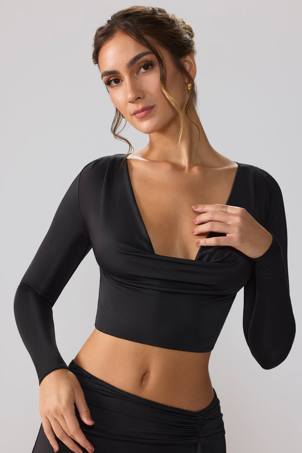 Siyah Slinky Jersey Dekolteli Uzun Kollu Crop Top Üst