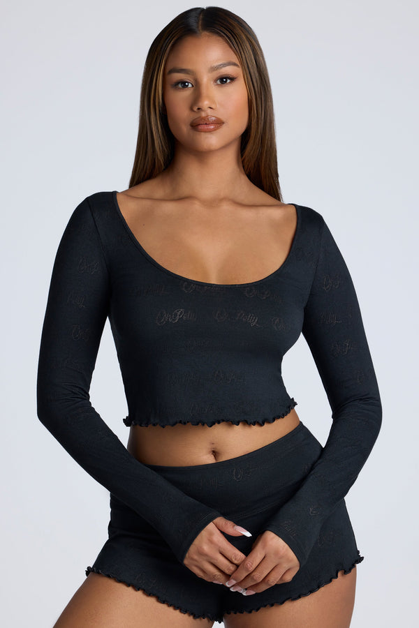 Siyah Uzun Kollu Yuvarlak Yaka Pointelle Crop Top