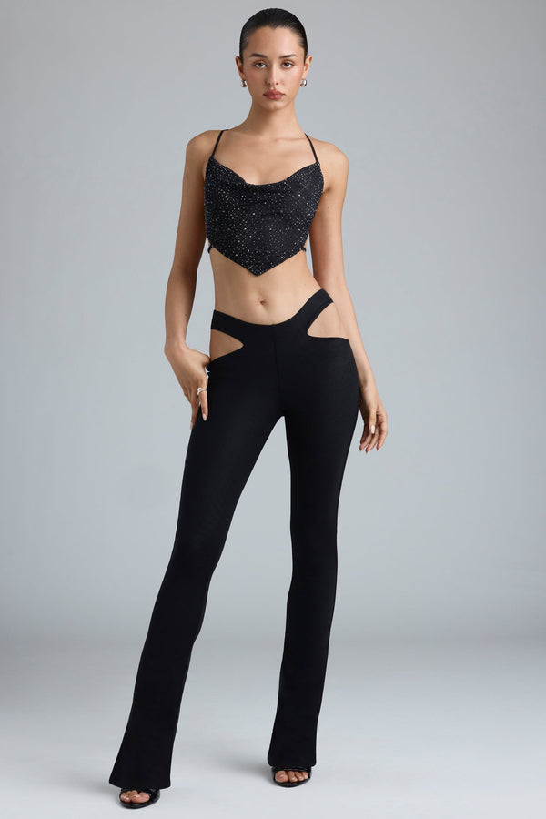 Siyah Metalik Kesikli Düşük Bel Kloş Pantolon