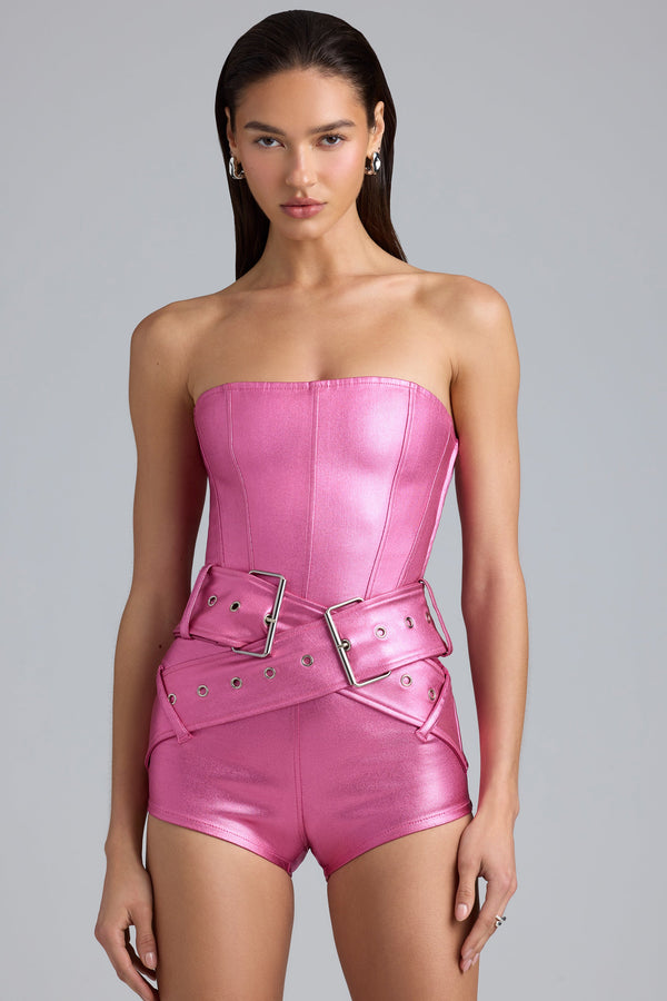 Koyu Pembe Metalik Denim Kuşaklı Korse Tulum