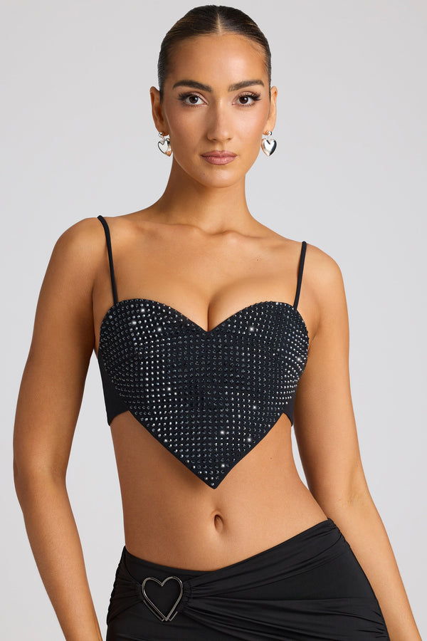 İşlemeli Kalp Detaylı Siyah Crop Top