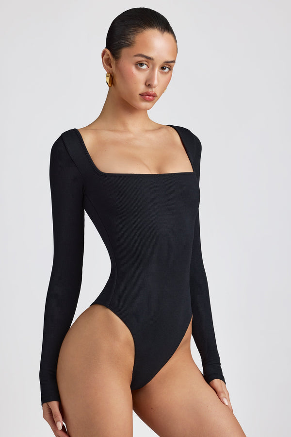 Siyah Fitilli Modal Uzun Kollu Bodysuit