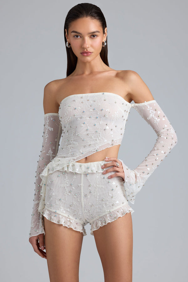 Fildişi Dantelli Fırfırlı Asimetrik Üst