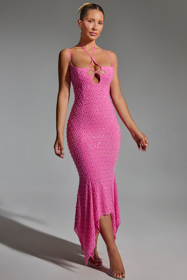 Sıcak Pembe Taşlı Kesik Asimetrik Midaksi Elbise