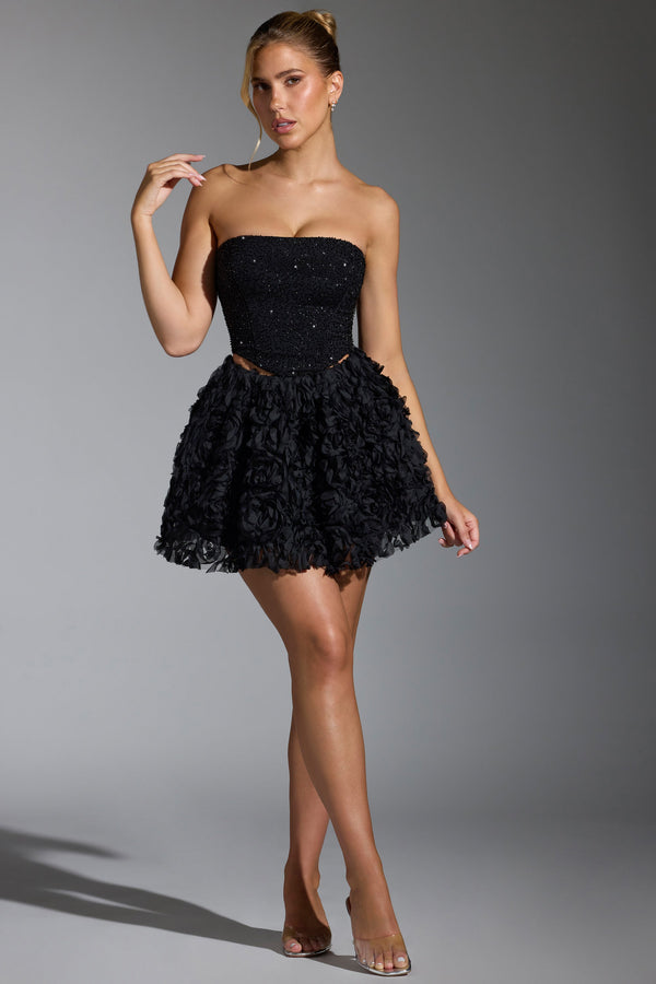 Siyah Çiçek Aplikeli Mini Etek