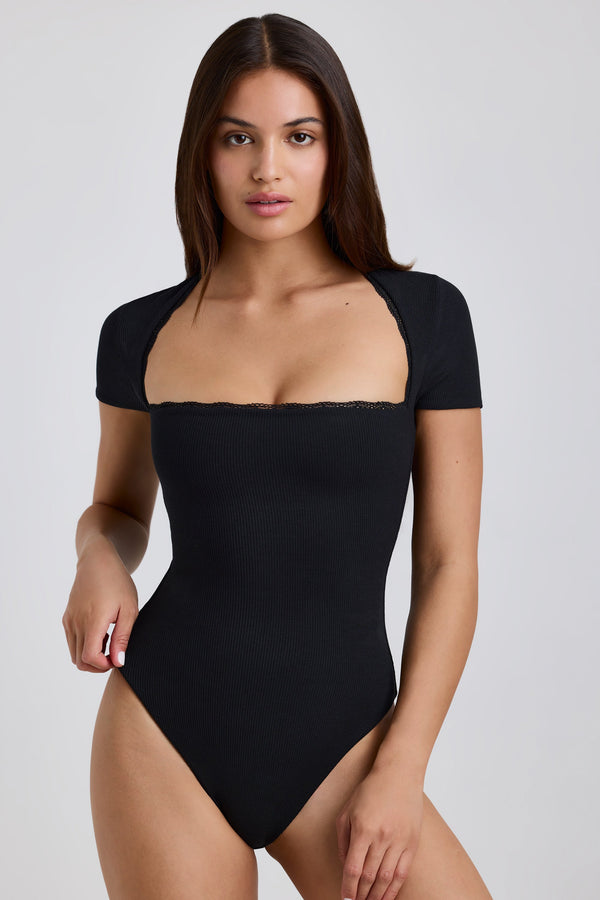 Siyah Fitilli Modal Dantelli Bodysuit