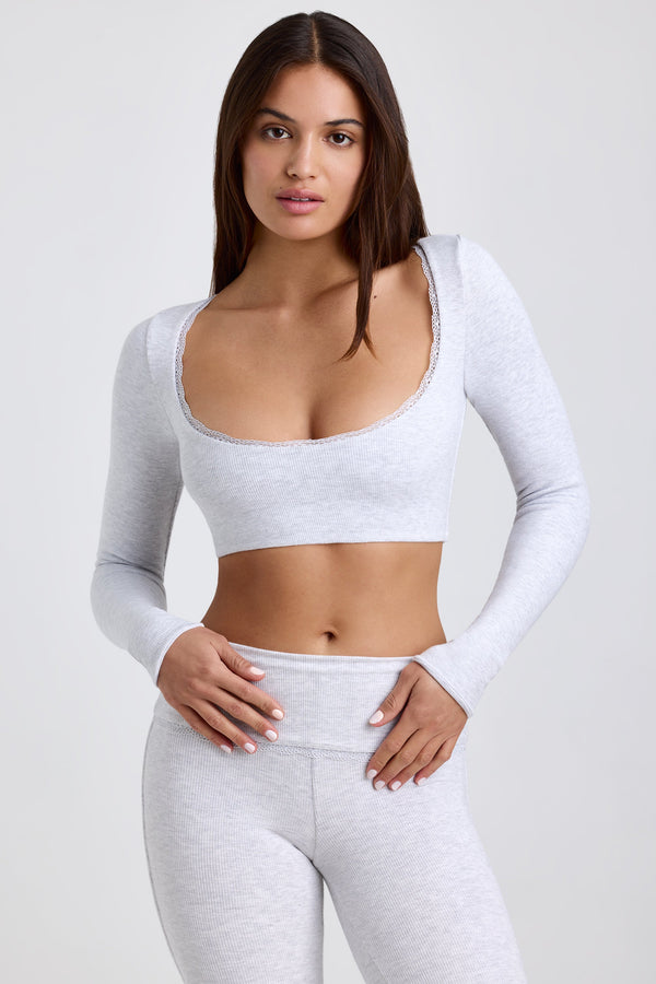 Gri Fitilli Modal Dantelli Crop Top