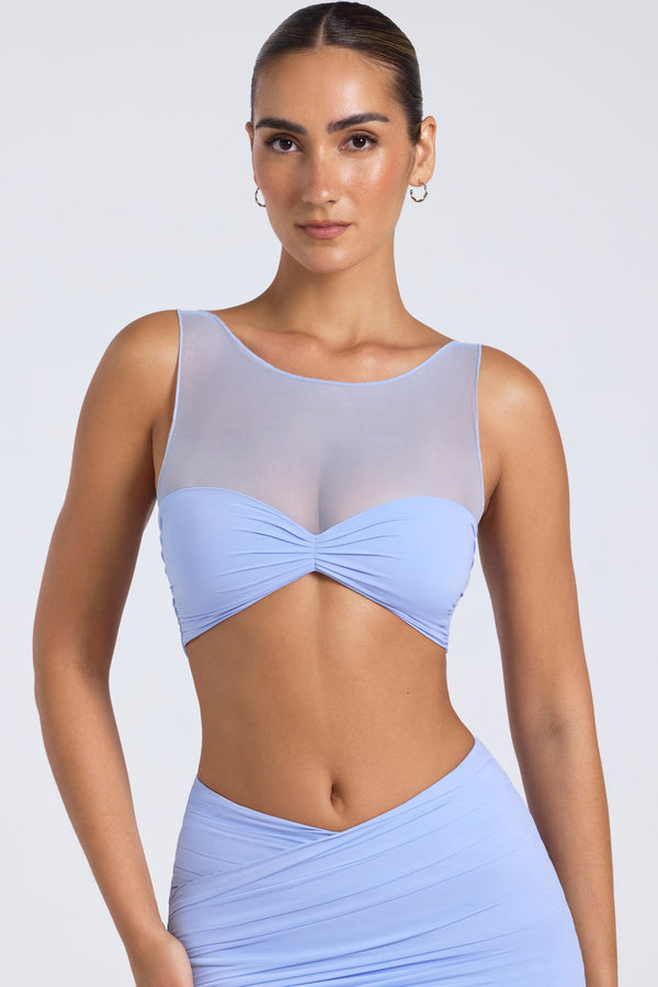 Cezayir Menekşesi Mavisi Transparan Panelli Dantelli Crop Top