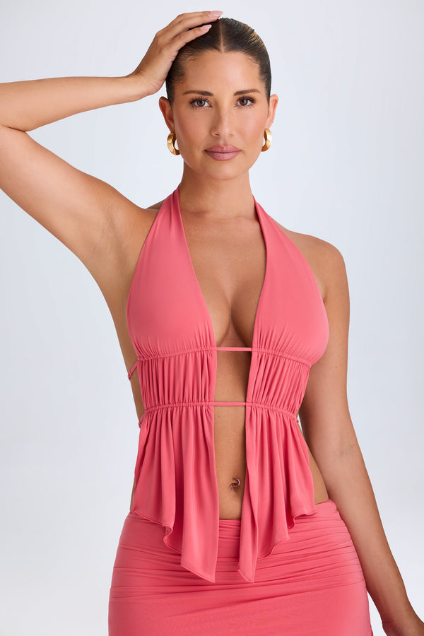 Mercan Kesimli Dantelli Boyundan Bağlı Crop Top