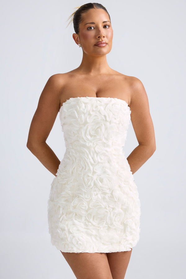 Beyaz Çiçek Aplikeli Bandeau A Kesim Mini Elbise