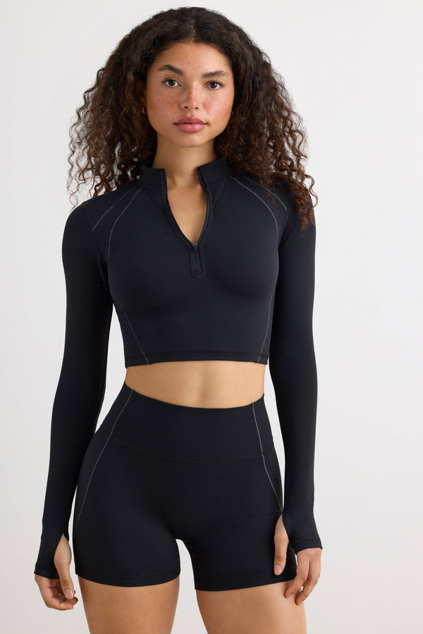 Siyah Yumuşak Aktif Yarım Fermuarlı Crop Top