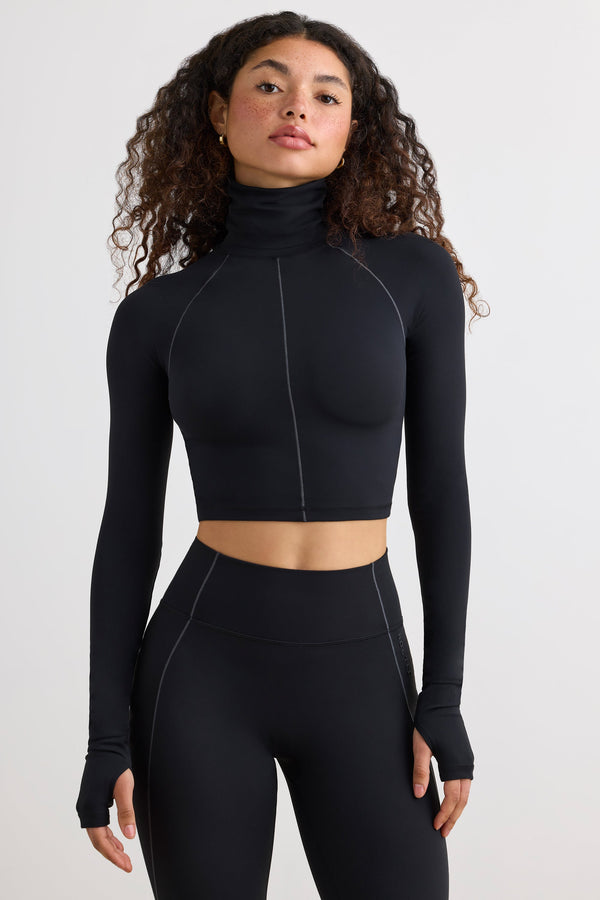 Siyah Yumuşak Aktif Balıkçı Yaka Crop Top