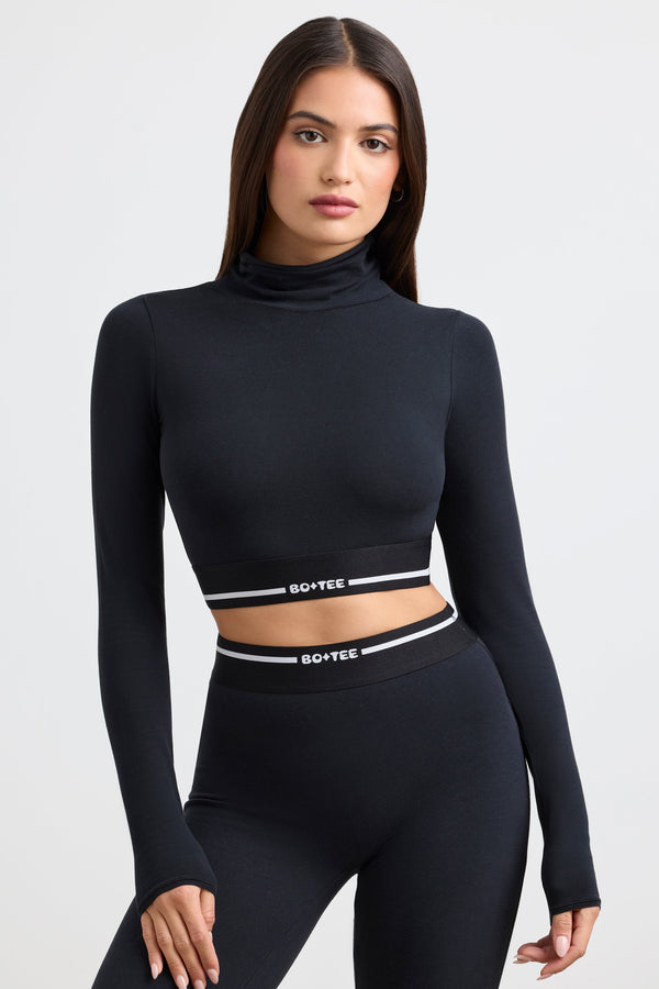 Siyah Balıkçı Yaka Sırtı Açık Uzun Kollu Crop Top