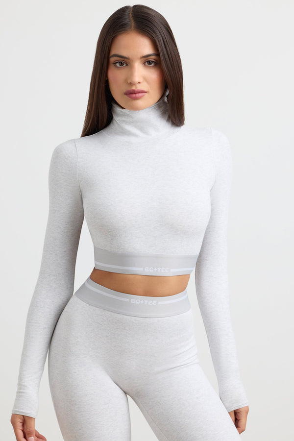 Gri Marl Balıkçı Yaka Sırtı Açık Uzun Kollu Crop Top