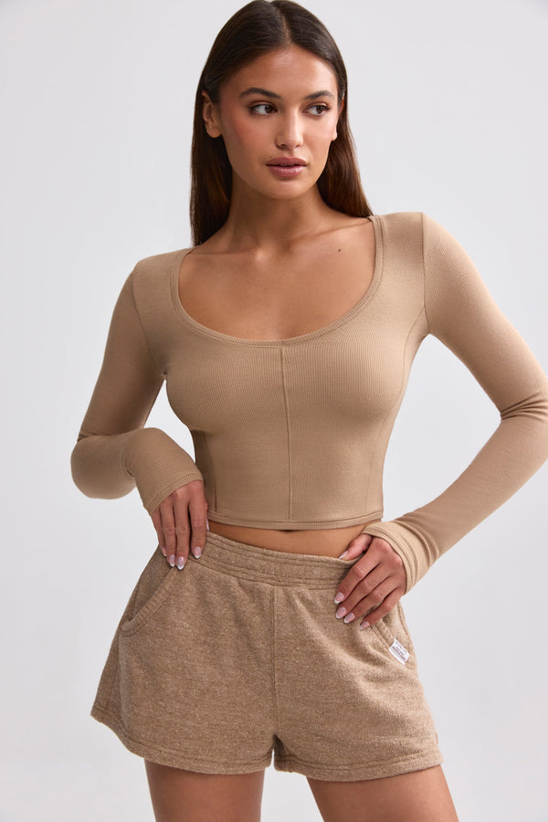 Mocha Kahvesi Fitilli Modal V Yaka Crop Top
