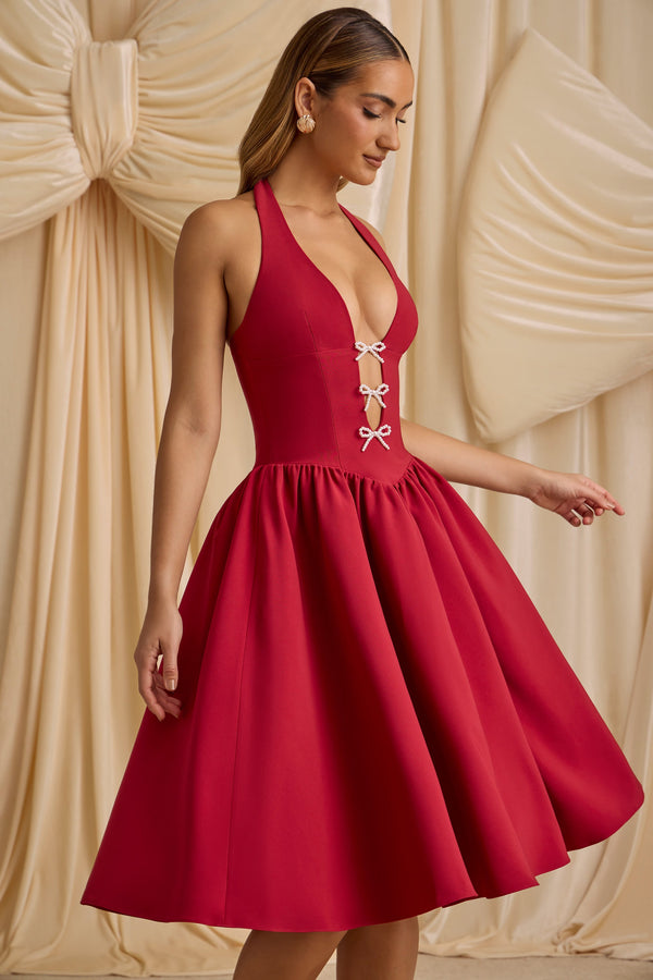 Gerçek Kırmızı Boyundan Bağlamalı Fiyonk Detaylı Midi Elbise