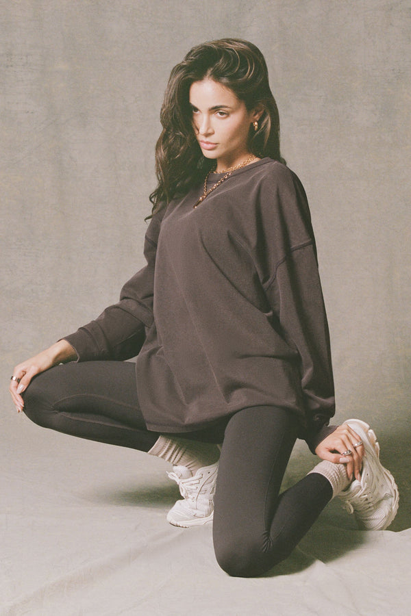 Asit Yıkamalı Kahverengi Uzun Kollu Oversize Tişört