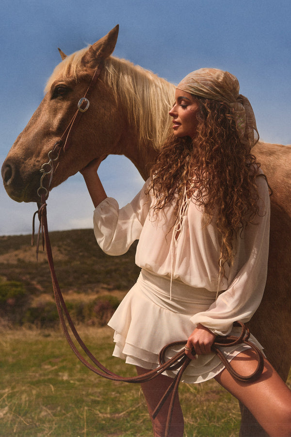 Fildişi Bağcıklı Balon Kollu Mini Elbise