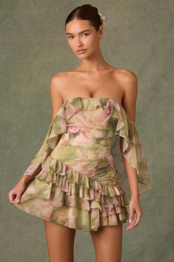 Çoklu Baskı Çiçekli, Omuzu Açık Fırfırlı Mini Elbise