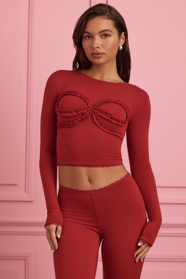 Yakut Kırmızısı Dantelli Aplikeli Pijama Üstü