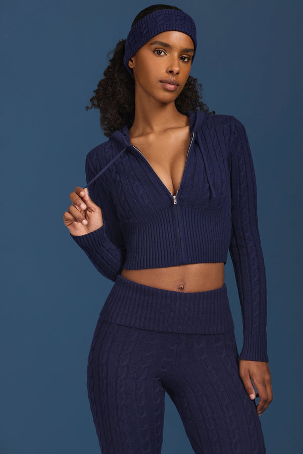 Lacivert Kablo Örgülü Fermuarlı Kapüşonlu Üst