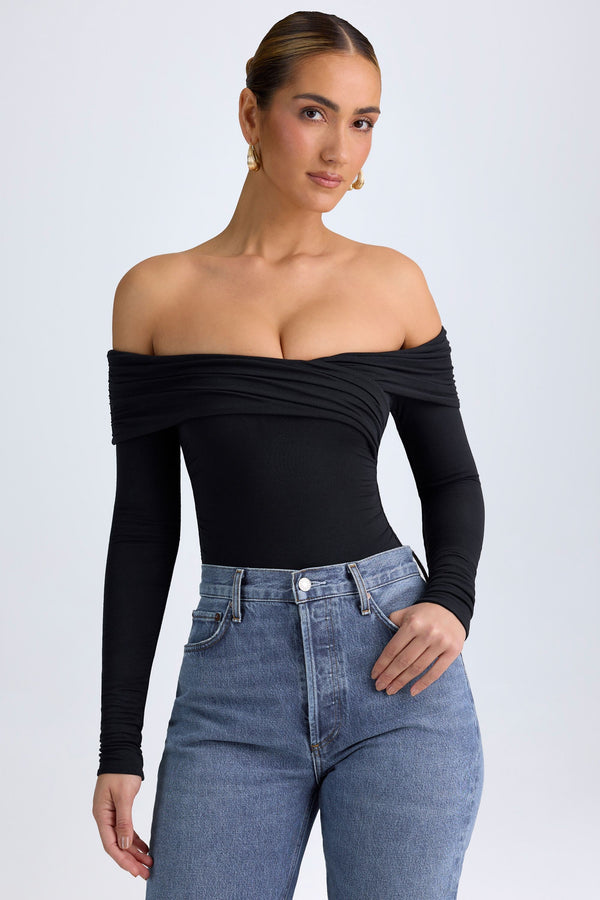 Siyah Modal Düşük Omuz Dantelli Bodysuit