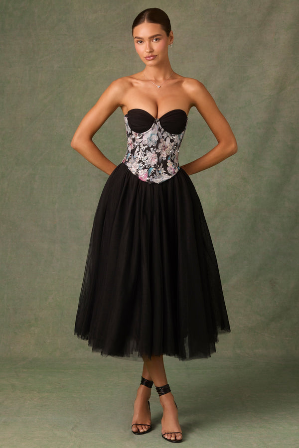 Siyah Çiçek Desenli Bağcıklı Cupless Korse