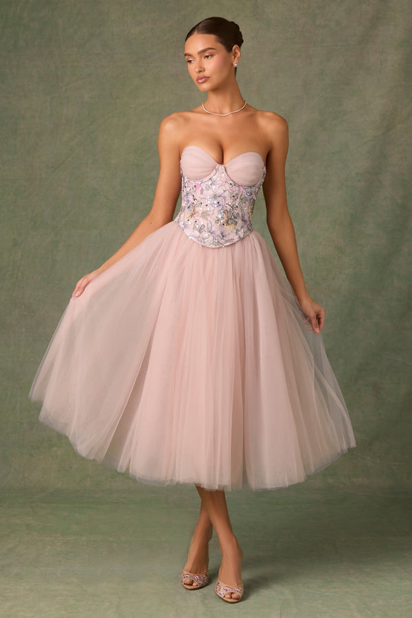 Çiçek Pembesi İşlemeli Bağcıklı Cupless Korse