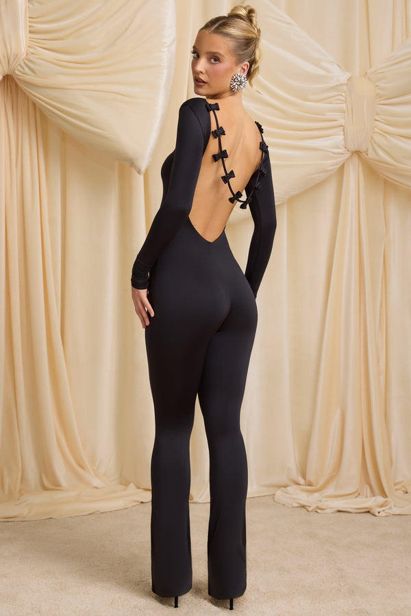 Siyah Slinky Jersey Fiyonk Detaylı Tulum