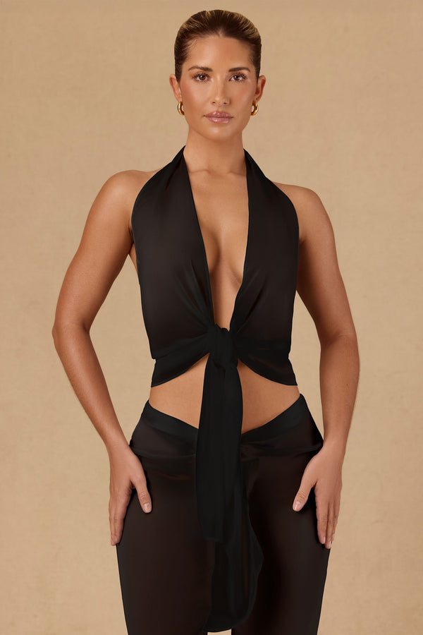 Siyah Önden Bağlamalı Boyundan Bağlamalı Crop Top