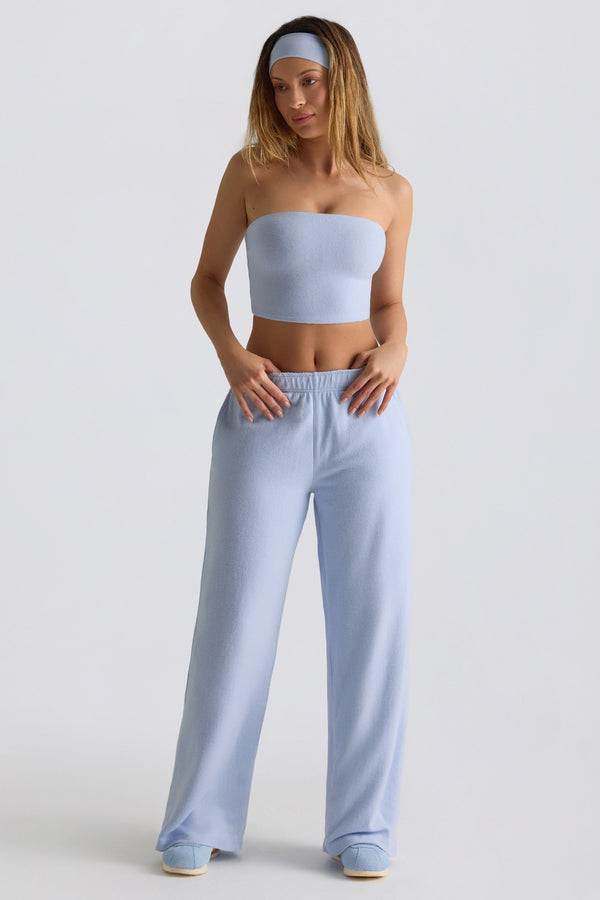 Yumuşak Mavi Petite Fırçalı Jarse Geniş Paça Jogger Pantolon