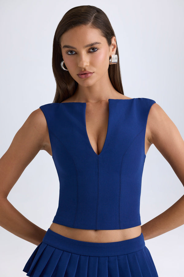 Gerçek Lacivert Önü Açık Crop Top