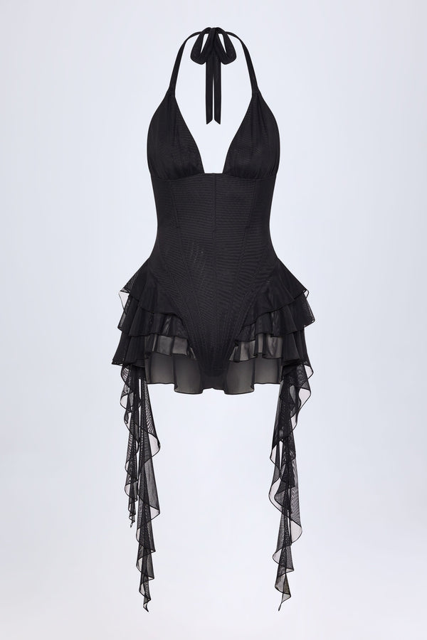 Siyah Fırfırlı Boyundan Bağlı Bodysuit