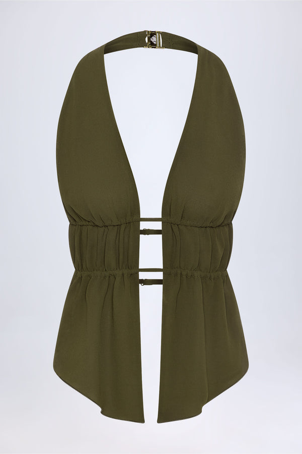 Koyu Haki Kesikli Yarı Transparan Dantelli Boyundan Bağlı Crop Top