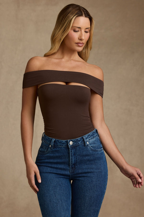 Çikolata Kahvesi Modal Kesikli Düşük Omuz Bodysuit